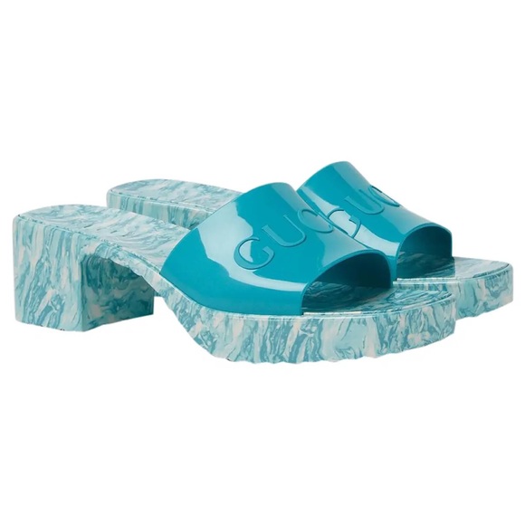 GUCCI
30mm Plastique Shiny Slide Sandals In Blue NWOT - Picture 1 of 10